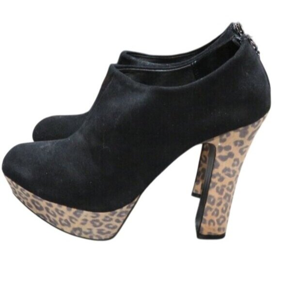 envy Shoes - Envy Riva Black Italian Suede w/ leopard print chunky heel & platform booties 9